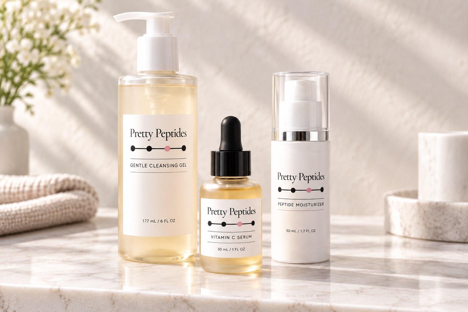 Pretty Peptides Morning Ritual set — Gentle Cleansing Gel, Vitamin C Serum and Peptide Moisturizer on a marble ledge