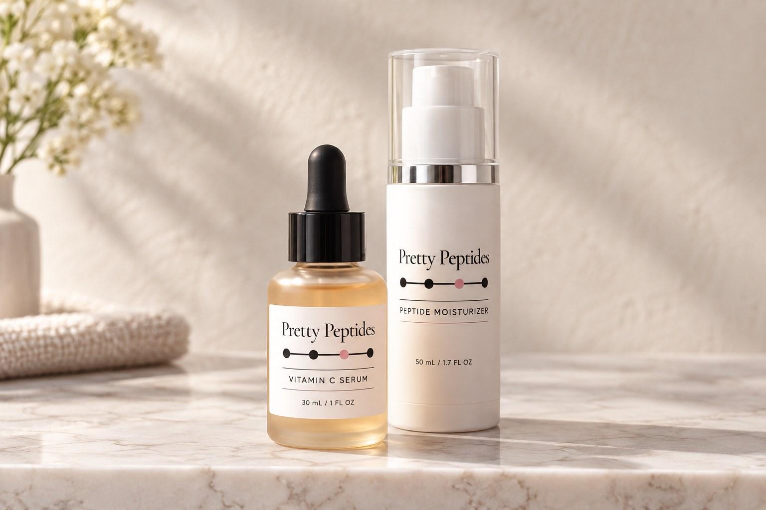 Pretty Peptides Starter Duo — Vitamin C Serum and Peptide Moisturizer on a marble ledge in morning light