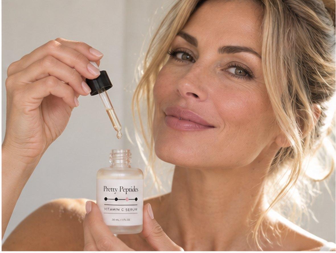 Woman applying Pretty Peptides Vitamin C Serum with a dropper