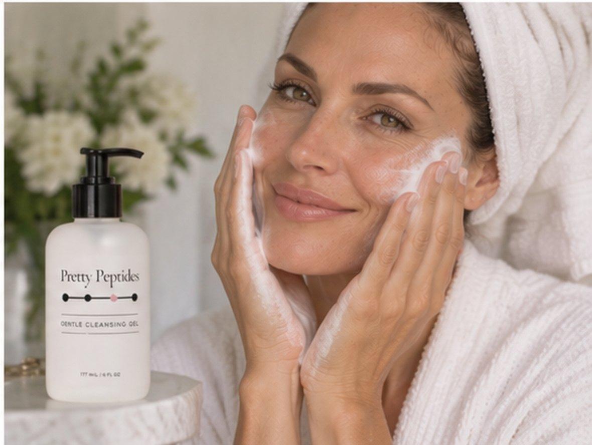 Woman cleansing with Pretty Peptides Gentle Cleansing Gel