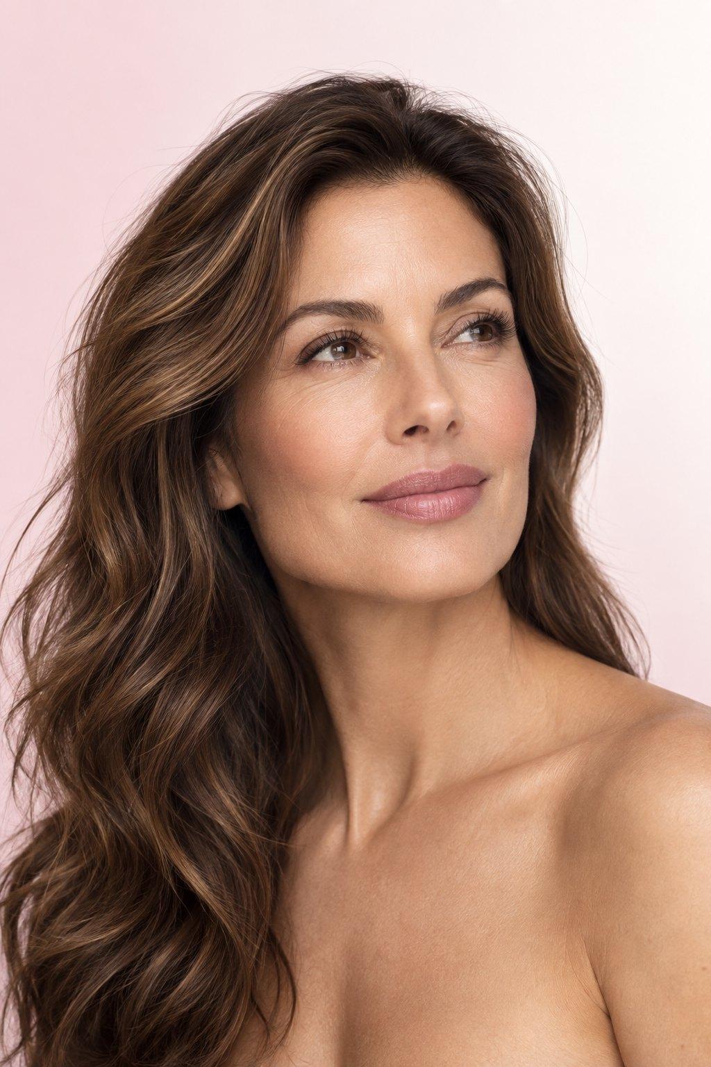 Pretty Peptides — everyday beauty campaign Woman with luminous skin and softly waved chestnut hair in warm, natural light