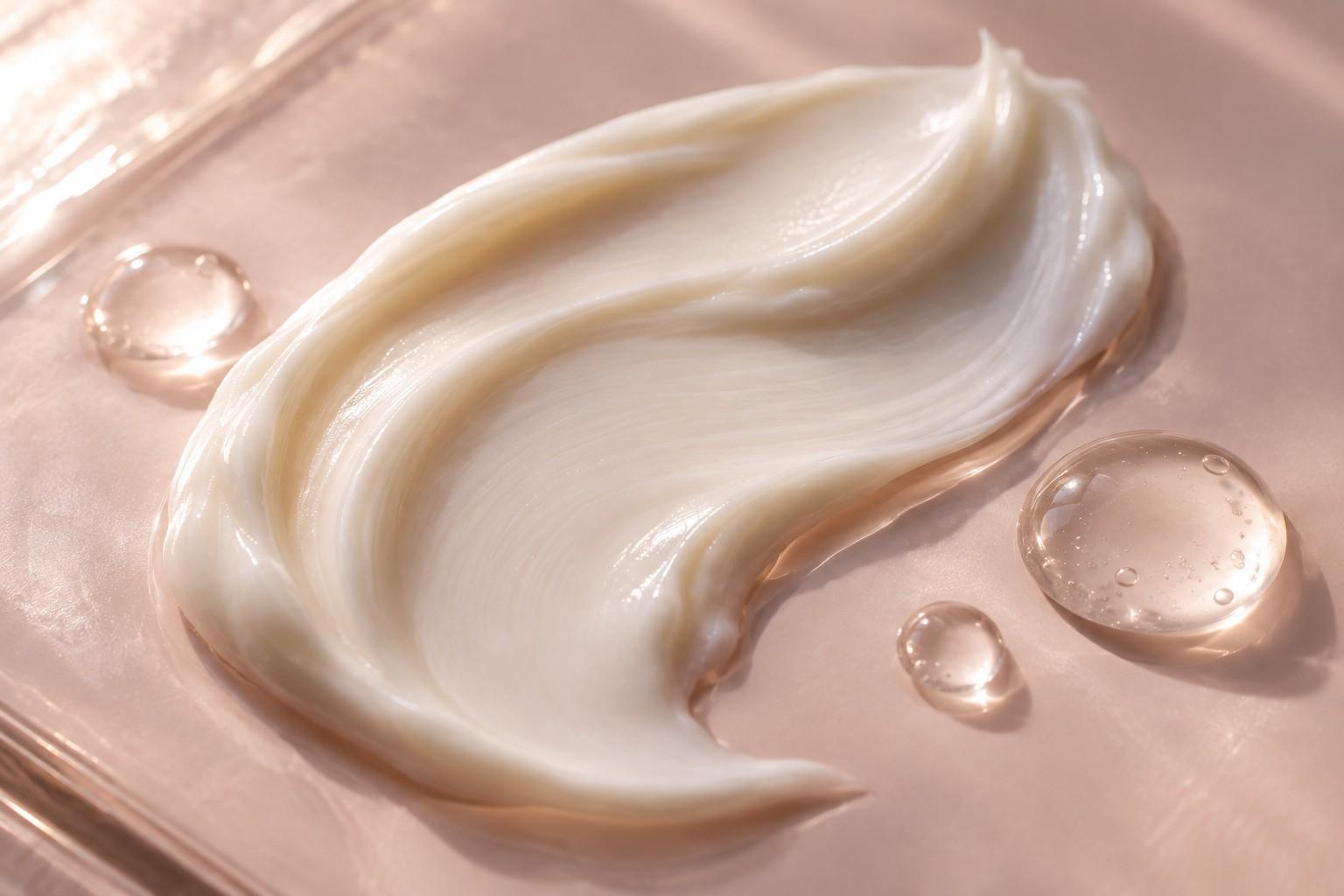 Skincare cream and serum textures — illustration A cream swirl and clear serum droplets on a blush-colored surface; illustrative texture